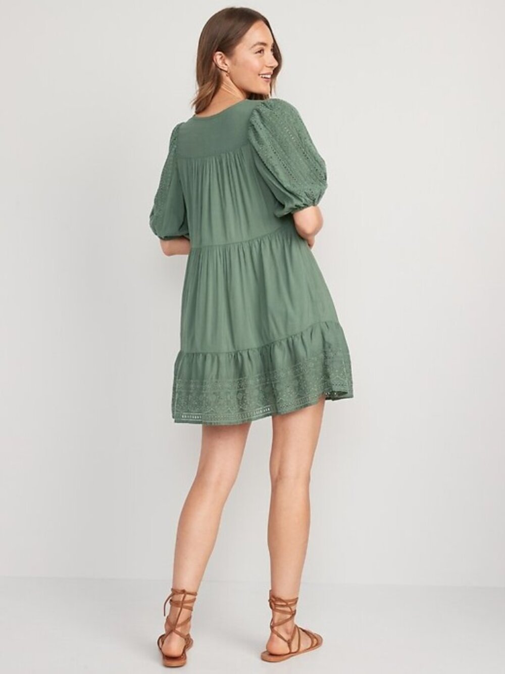 Old Navy Puff-Sleeve Tiered Embroidered Mini Swing dress crocheted Size S - Picture 2 of 8